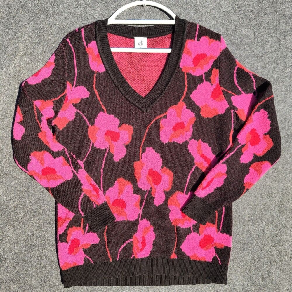 CABI Rococo Floral V Neck Pullover Sweater Womens M Black Pink Floral Poppy Boho